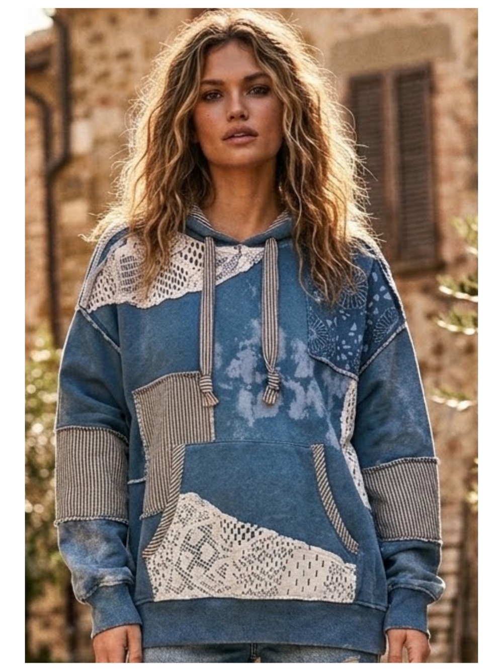 Free People Blue Patchwork Mix Pullover Hoodie